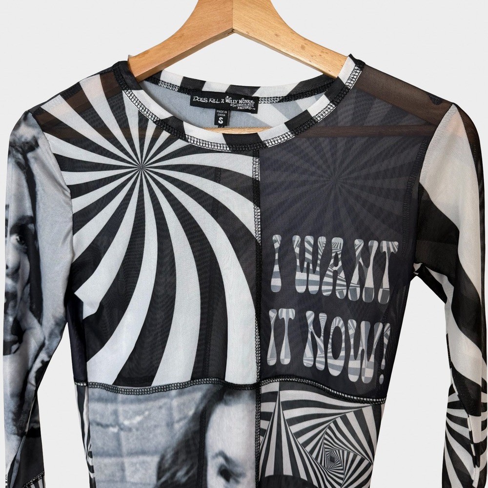 Dolls Kill Black Willy Wonka Veruca Salt Mesh Top Small Goth Y2K Grunge Punk - Picture 3 of 10